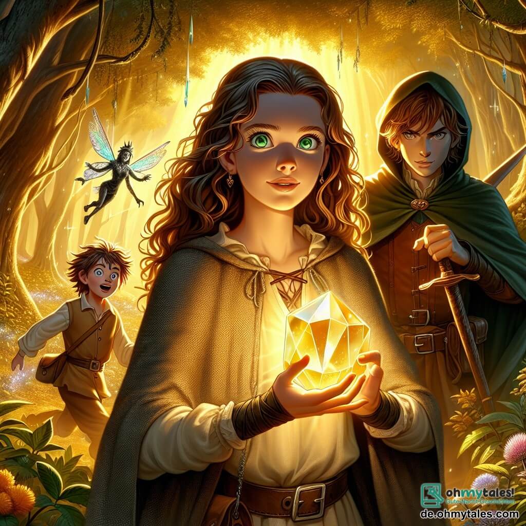 Une illustration sous forme de dessin destinée aux enfants représentant une majestueuse forêt enchantée, baignée par la lumière dorée du soleil, où une jeune femme aux longs cheveux bouclés et aux yeux verts pétillants, vêtue d'une tunique en lin et d'un manteau en cuir, se tient courageusement devant un grand cristal lumineux, tandis qu'une petite fée aux ailes scintillantes l'observe avec bienveillance, et un jeune garçon aux cheveux bruns et au regard déterminé, brandissant une épée en bois, se prépare à défendre leur précieux trésor contre un sombre magicien aux yeux perçants, dans une scène pleine de magie et d'aventure.