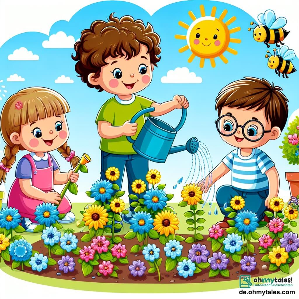 Une illustration sous forme de dessin destinée aux enfants représentant un jardin coloré en pleine floraison, avec un garçon de 5 ans aux cheveux bruns et bouclés, souriant et en train de planter des fleurs jaunes et bleues, entouré de ses camarades de classe, dont une fille aux cheveux blonds tressés qui arrose les plantes et un garçon aux lunettes qui observe une abeille en train de butiner, le tout dans une ambiance joyeuse et ensoleillée, illustrant l'importance de protéger la nature et d'aider les pollinisateurs.