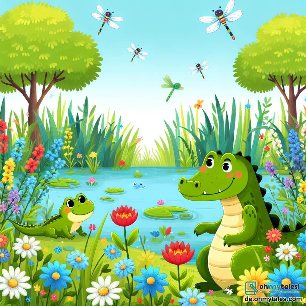 Une illustration destinée aux enfants représentant un petit crocodile curieux, une petite grenouille perdue, dans un magnifique marais coloré rempli de libellules virevoltantes, de fleurs éclatantes et d'arbres luxuriants.