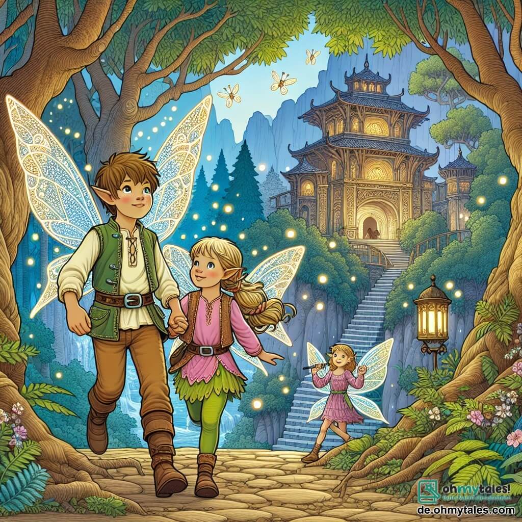 Une illustration destinée aux enfants représentant une jeune elfe aux ailes scintillantes, accompagnée de son frère humain et de sa sœur fée, explorant un ancien temple caché au cœur de la forêt enchantée où les arbres dansent au rythme du vent et les lucioles illuminent le chemin.