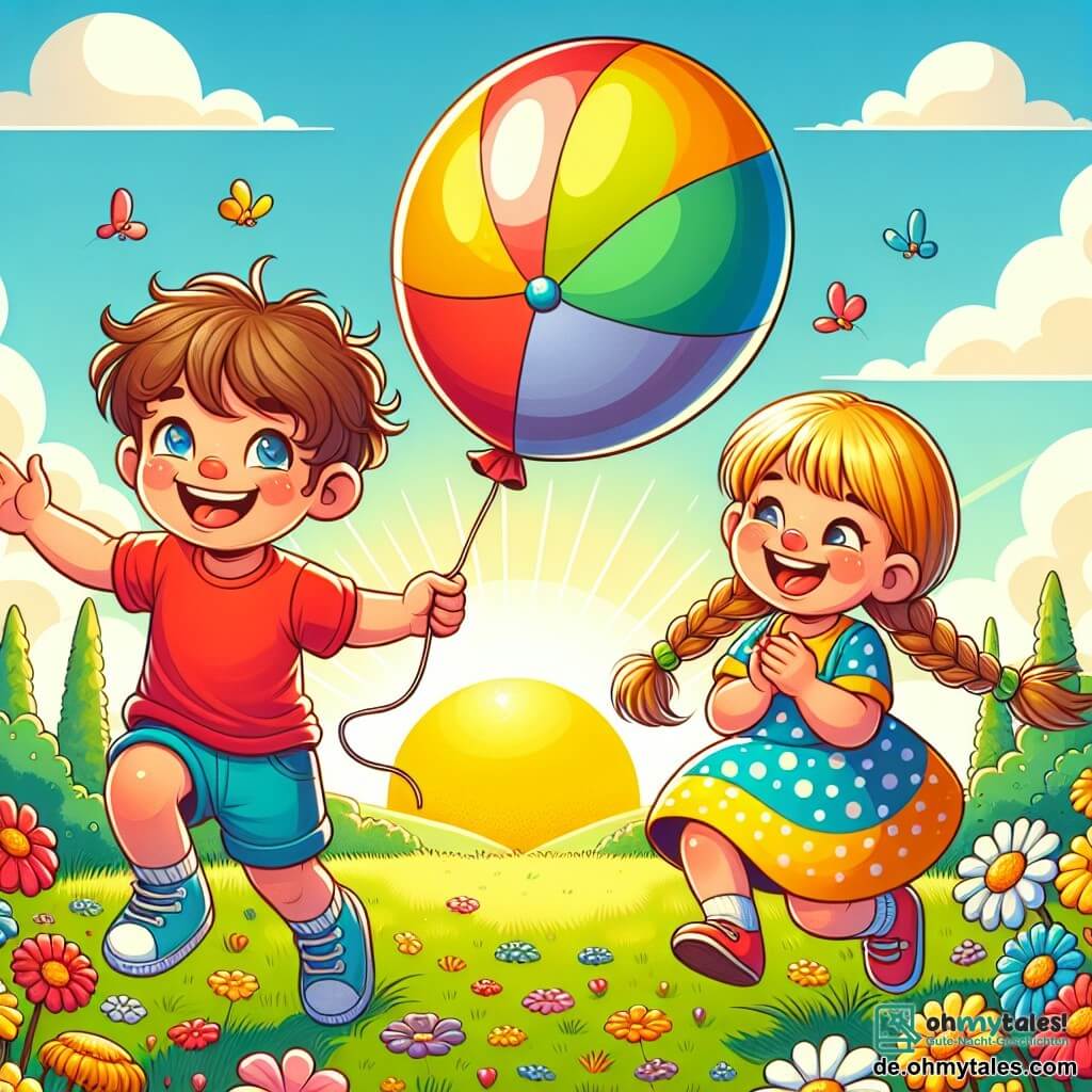 Illustration eines sonnigen Gartens, gefüllt mit bunten Blumen und grünem Gras. In der Mitte rollt ein großer, bunten Ball in Rot, Blau und Gelb sanft über den Boden. Zwei Kinder sind anwesend: ein etwa 6-jähriger Junge mit unordentlichen braunen Haaren, der ein rotes T-Shirt und eine blaue Shorts trägt und lachend auf den Ball zuläuft. Neben ihm ein etwa 5-jähriges Mädchen mit langen, geflochtenen blonden Haaren, das ein gelbes Kleid mit Punkten trägt und fröhlich applaudiert. Sie spielen zusammen, der Junge bereitet sich darauf vor, den Ball zu treten, während das Mädchen begeistert lächelt. Im Hintergrund schwebt ein hellblauer Himmel mit einigen weißen Wolken, was der Szene eine fröhliche und freundliche Atmosphäre verleiht.