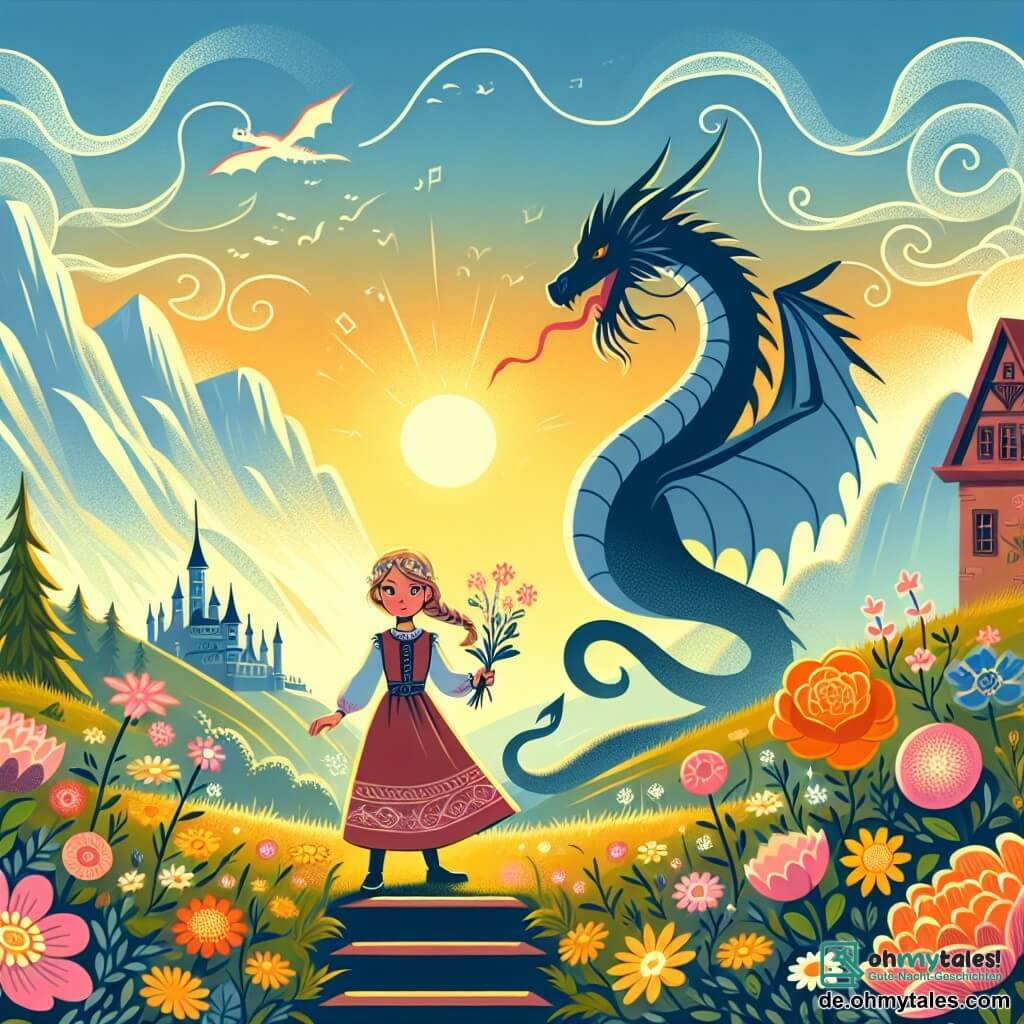 Une illustration destinée aux enfants représentant un dragon majestueux, une jeune fille courageuse, et une vallée enchantée où les fleurs dansent au rythme du vent.