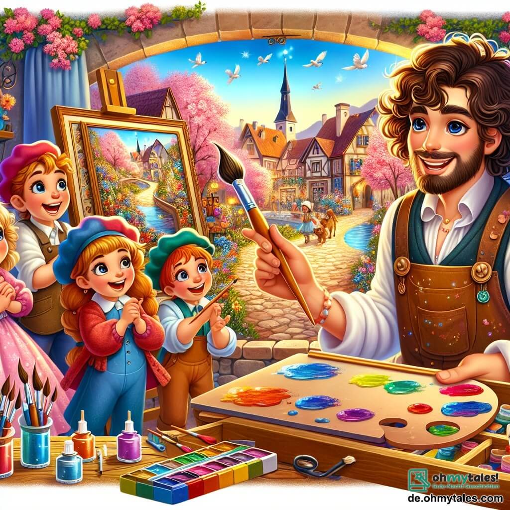 Une illustration destinée aux enfants représentant un talentueux peintre homme aux cheveux bouclés, créant des tableaux magiques avec un pinceau étincelant, accompagné de quatre enfants curieux et joyeux - deux filles aux nattes colorées et deux garçons aux casquettes de couleurs vives - dans un atelier rempli de couleurs vives, de pinceaux enchantés et de toiles qui prennent vie, situé dans un petit village pittoresque entouré de fleurs et de chants d'oiseaux.