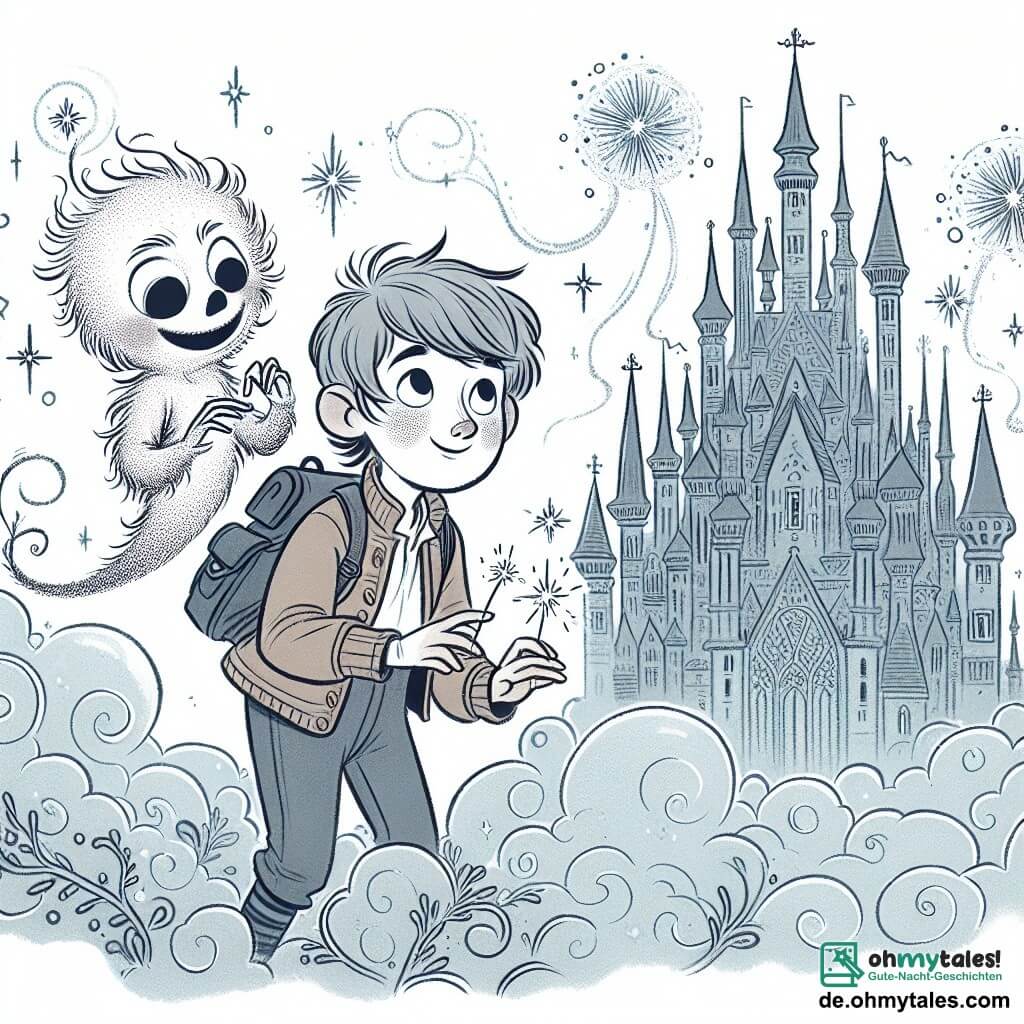 Une illustration destinée aux enfants représentant un garçon curieux et rêveur, accompagné de son fidèle ami, un petit Staubkobold espiègle, explorant les majestueuses tours étincelantes de la cité magique de Staubopolis, où les feux follets dansent joyeusement parmi les nuages de poussière scintillante.