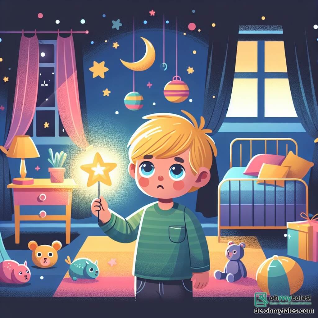 Une illustration destinée aux enfants représentant un petit garçon blond aux yeux bleus, affrontant sa peur du noir avec l'aide d'un petit astre lumineux, dans une chambre remplie de jouets colorés et d'un lit douillet orné de couvertures douces.