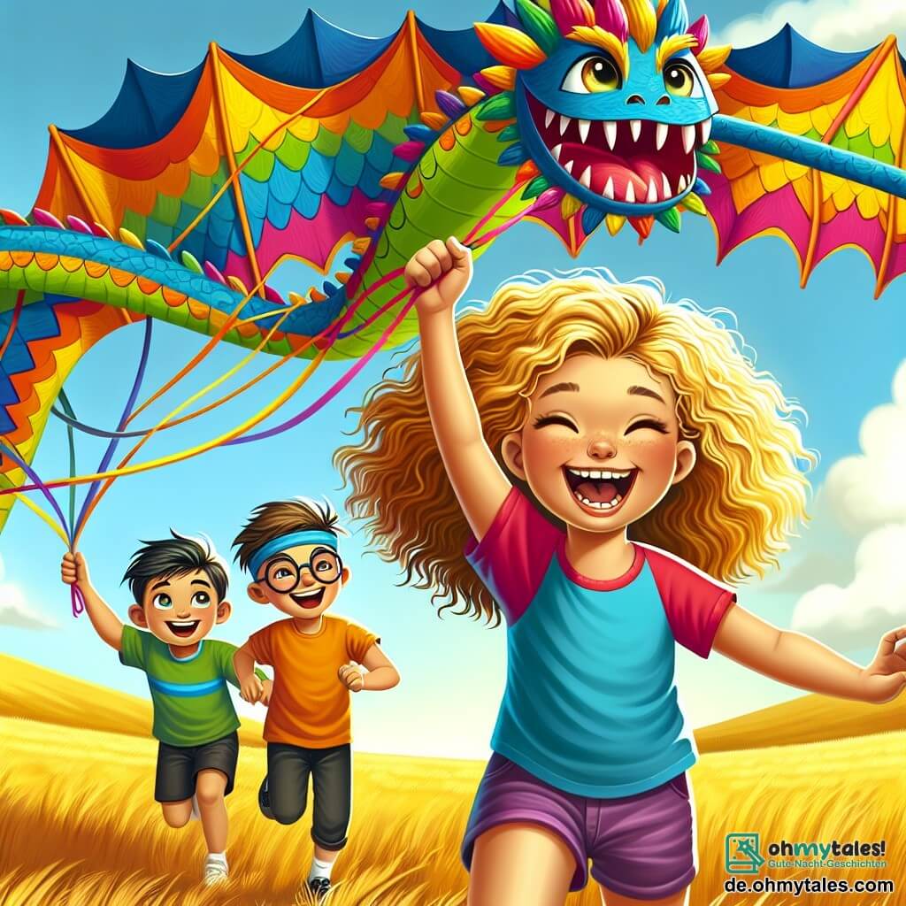 Une illustration sous forme de dessin destinée aux enfants représentant une vaste et ensoleillée prairie dorée, où une fille de 11 ans aux cheveux blonds et bouclés, vêtue d'une t-shirt coloré et d'un short, rit aux éclats en tenant une grande et colorée queue de dragon en forme de monstre, tandis que deux garçons, l'un avec des lunettes et un sourire malicieux, et l'autre athlétique avec un bandeau sur la tête, l'encouragent en courant derrière elle, tous trois plongés dans un joyeux chaos alors qu'ils tentent de maîtriser un énorme dragon de papier qui s'envole dans le ciel bleu.