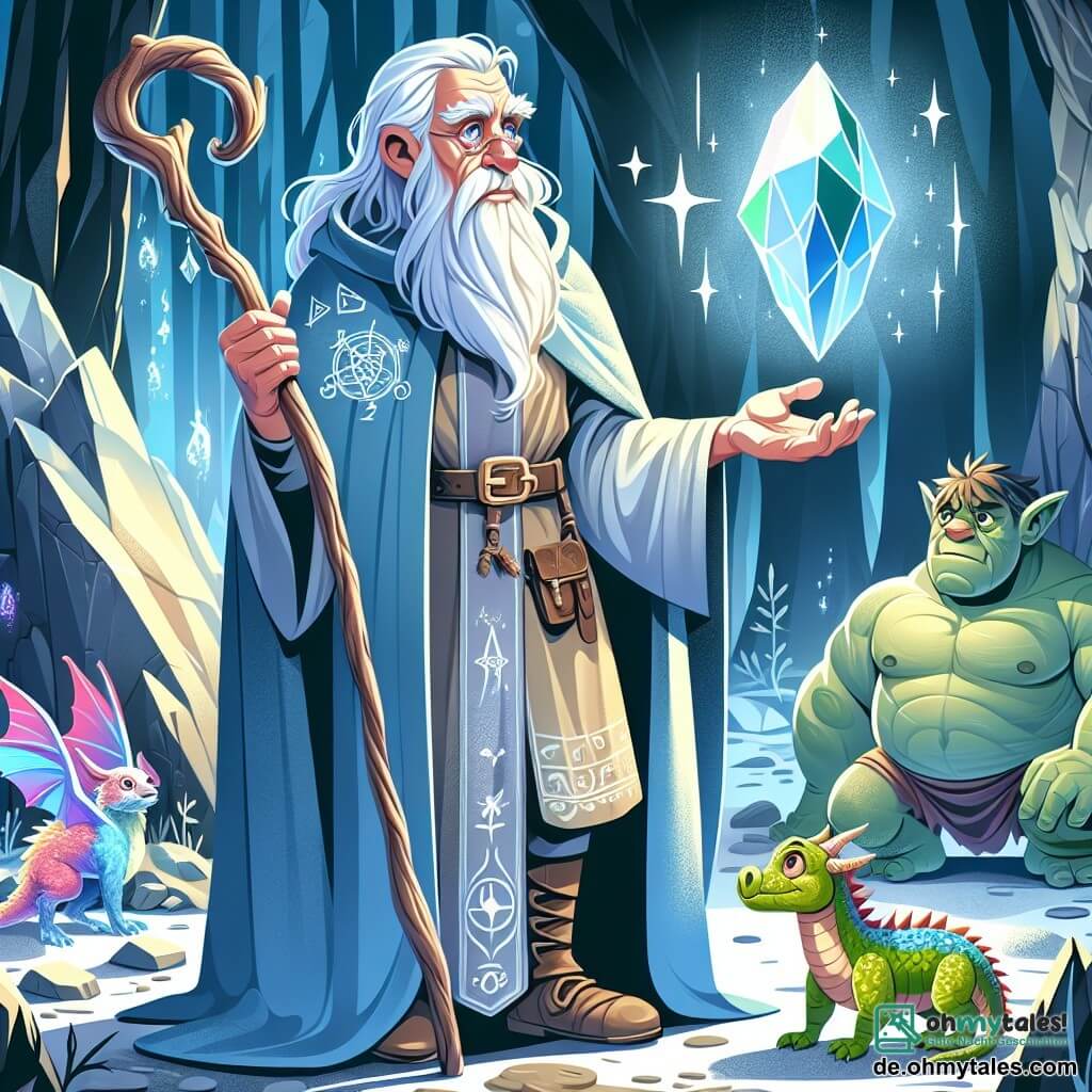 Une illustration sous forme de dessin destinée aux enfants représentant une scène magique dans une forêt enchantée, où un homme âgé avec un long manteau bleu orné de symboles mystiques et un long barbu argenté, brandissant un bâton scintillant, se tient fermement devant un immense cristal lumineux sur un autel, tandis qu'un petit dragon aux écailles multicolores, flottant à ses côtés, observe avec curiosité, et un grand troll musclé, avec une peau verdâtre et des yeux doux, se tient en arrière-plan, prêt à défendre son nouvel ami contre des ombres menaçantes qui s'approchent, symbolisant le combat entre la lumière et les ténèbres.