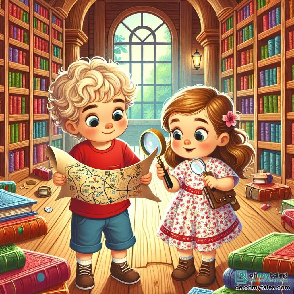 Une illustration sous forme de dessin destinée aux enfants représentant une grande bibliothèque aux murs en bois, remplie de livres colorés et de rayonnages, où un garçon de 3 ans aux cheveux blonds et bouclés, portant un t-shirt rouge et un short bleu, examine avec curiosité une carte au trésor, tandis qu'à ses côtés, une petite fille de 3 ans aux cheveux bruns et lisses, vêtue d'une robe à fleurs, tient une loupe et regarde autour d'eux avec des yeux écarquillés, alors qu'ils découvrent un chemin secret menant à un trésor caché derrière des livres.
