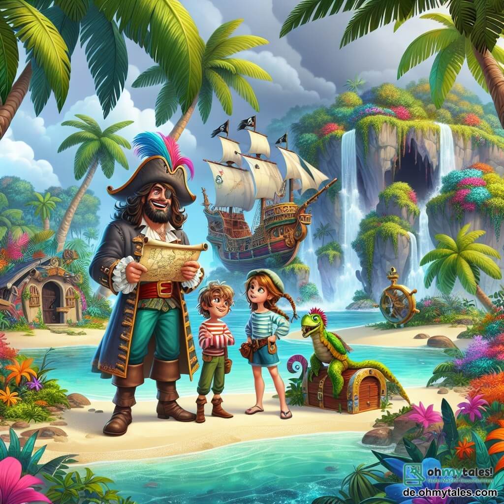 Une illustration sous forme de dessin destinée aux enfants représentant une île tropicale luxuriante avec des palmiers et des fleurs colorées, où un homme robuste au long manteau pirate, portant un chapeau à plumes et un grand sourire, se tient fier sur le pont de son navire coloré, entouré d'un garçon aux cheveux bouclés, vêtu d'une chemise rayée et d'un pantalon court, qui regarde avec émerveillement une carte au trésor, tandis qu'une fille aux cheveux longs et tressés, habillée d'une tunique légère, pointe du doigt une grotte mystérieuse à proximité, illustrant leur quête pour trouver un trésor légendaire tout en faisant face à des défis et en célébrant l'amitié.