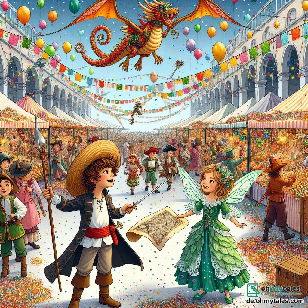 Illustration eines bunten Marktes während eines Karnevals, mit Ständen, die mit Papierblumen und schwebenden Ballons dekoriert sind. In der Mitte steht ein 11-jähriger Junge mit zerzausten braunen Haaren, der ein Piratenkostüm mit einem Strohhut und einem Holzschwert trägt und fasziniert eine Schatzkarte betrachtet, die er in seinen Händen hält. Neben ihm steht ein 10-jähriges Mädchen, verkleidet als anmutige grüne Fee mit glitzernden Flügeln und lockigem Haar, lächelt und zeigt auf eine große Drachenflagge, die über ihnen weht. Im Hintergrund tanzen und haben andere Kinder in verschiedenen Kostümen Spaß, während bunte Konfetti vom Himmel fallen und eine festliche, fröhliche Atmosphäre schaffen.
