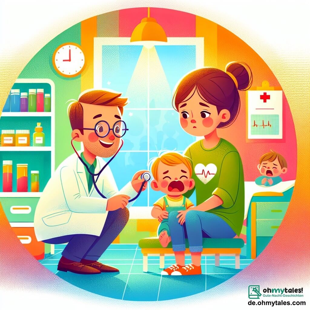 Une illustration sous forme de dessin destinée aux enfants représentant une petite clinique lumineuse avec des murs colorés, où un homme médecin souriant, portant une blouse blanche et des lunettes, écoute le cœur d'un petit garçon aux joues roses et à la nez rouge, tandis qu'une maman inquiète, aux cheveux bruns et portant un t-shirt coloré, tient un bébé qui pleure dans ses bras, créant une atmosphère chaleureuse et rassurante, alors que le médecin explique avec bienveillance comment aider les enfants à se sentir mieux.