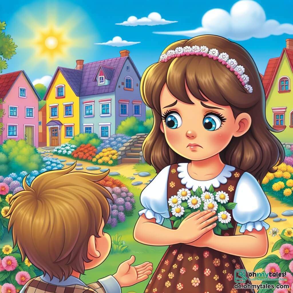 Une illustration destinée aux enfants représentant une fillette aux cheveux bruns, confrontée à un dilemme après avoir découvert le mensonge de son petit frère, dans un charmant village aux maisons colorées et aux jardins fleuris, sous un ciel bleu et ensoleillé.