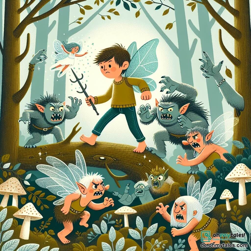 Une illustration destinée aux enfants représentant un jeune troll courageux se battant contre une armée de gobelins maléfiques pour protéger une fée délicate aux ailes scintillantes, dans une forêt enchantée aux arbres aux feuilles argentées et aux champignons lumineux.