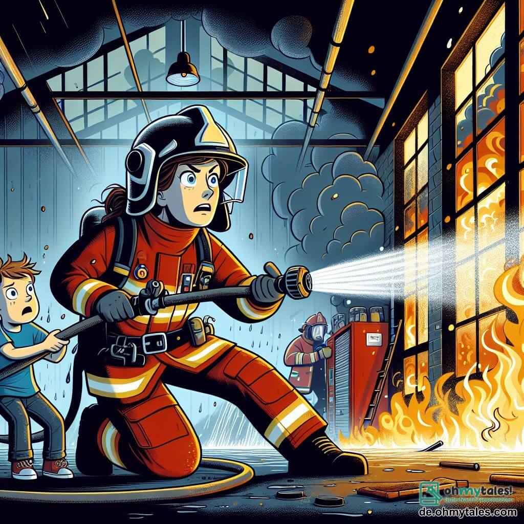 Illustration einer dynamischen Szene in einem brennenden alten Lagerhaus, mit tanzenden Flammen und schwarzem Rauch, der aus den zerbrochenen Fenstern strömt. Im Vordergrund eine mutige Feuerwehrfrau, etwa dreißig Jahre alt, mit braunen, zu einem Dutt gebundenen Haaren, in einem leuchtend roten Anzug und einem Schutzhelm. Sie leitet einen kraftvollen Wasserstrahl mit einem Schlauch, ihr Gesicht entschlossen und konzentriert. An ihrer Seite ein etwa zehnjähriger Junge mit zerzausten blonden Haaren und weit aufgerissenen Augen, der bewundernd zusieht, in einem blauen T-Shirt und Shorts. Er hält ein kleines Stofftier in seinen Armen, ein Symbol seiner Unschuld. Die Szene fängt die Intensität der Aktion ein, mit fliegenden Funken und Schatten, die von den Flammen geworfen werden, während die Feuerwehrfrau sich bemüht, das Feuer zu bändigen und den Jungen zu schützen. Weitere Details umfassen Feuerbekämpfungsausrüstung wie Werkzeugkästen und Eimer sowie einen dämmernden Himmel in Rot- und Orangetönen, der der Illustration eine dramatische Atmosphäre verleiht.