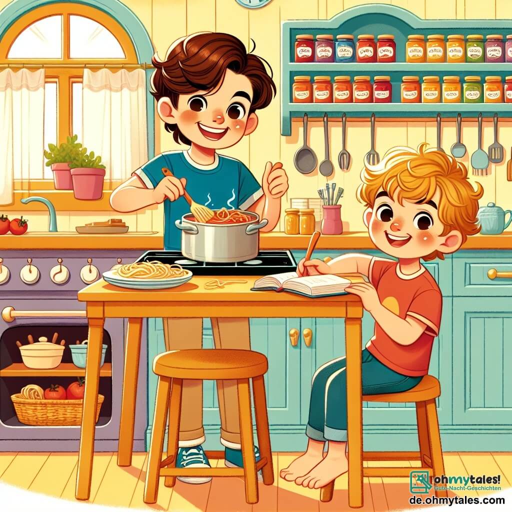 Eine Illustration zeigt eine warme und einladende Küche mit pastellgelben Wänden und Regalen, die mit bunten Marmeladengläsern gefüllt sind. Im Zentrum steht ein massiver Holztisch, der mit Tellern und Besteck gedeckt ist, während der Duft von Spaghetti mit Tomatensauce in der Luft liegt. Im Vordergrund lächelt ein 11-jähriger Junge mit lockigem, kastanienbraunem Haar begeistert, trägt ein blaues T-Shirt und beige Hosen. Er hält einen Spatel in einer Hand und rührt in einem Topf auf dem Herd. Seine Augen strahlen vor Aufregung und Stolz, da er glücklich ist, das Abendessen mit seinem Bruder zuzubereiten. Neben ihm sitzt ein 6-jähriger Junge mit blonden Haaren und funkelnden Augen auf einem Hocker. Er trägt ein rotes T-Shirt und schaut bewundernd zu seinem Bruder, während er ein offenes Kochbuch auf den Knien hat. Er scheint ungeduldig, um zu helfen und am Kochen teilzunehmen. Die Szene zeigt die beiden Brüder, die gemeinsam in einer fröhlichen Aktivität vereint sind, und symbolisiert Zusammenarbeit und familiäre Harmonie. Im Hintergrund lässt ein Fenster Sonnenlicht herein, das die Szene erhellt und der Atmosphäre Wärme verleiht. Bunte Küchenutensilien und frische Zutaten sind auf der Arbeitsplatte verstreut und verstärken den Eindruck einer lebendigen und aktiven Küche.