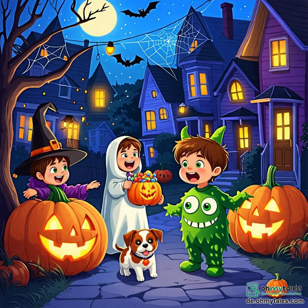 Une illustration sous forme de dessin destinée aux enfants représentant une rue décorée pour Halloween, avec des maisons ornées de citrouilles lumineuses et de toiles d'araignées, au premier plan un garçon de 8 ans avec des cheveux bruns et des yeux pétillants, vêtu d'un costume de petit monstre vert avec de grandes yeux ronds, tenant une sacoche pleine de bonbons, tandis qu'à ses côtés, deux amis, une fille déguisée en sorcière avec un chapeau pointu et un garçon en drap blanc ressemblant à un fantôme, rient ensemble en découvrant un petit chien au costume de citrouille qui les suit joyeusement, créant une atmosphère festive et amusante.