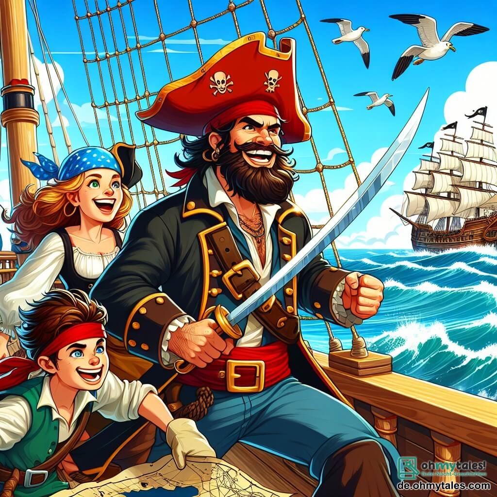 Une illustration sous forme de dessin destinée aux enfants représentant une scène vibrante sur le pont d'un grand navire pirate, la "Goldène Muschel", où un homme au chapeau rouge flamboyant, avec une barbe brune et un sourire éclatant, brandit une carte au trésor tout en regardant avec détermination vers l'horizon, tandis qu'une femme courageuse aux cheveux longs et blonds, vêtue d'une chemise de pirate, observe attentivement les vagues, et un garçon costaud avec un bandana bleu, riant et tenant une grande épée en bois, se prépare à l'aventure, le ciel est bleu avec quelques nuages, et des mouettes volent au-dessus, créant une atmosphère d'excitation et de camaraderie.