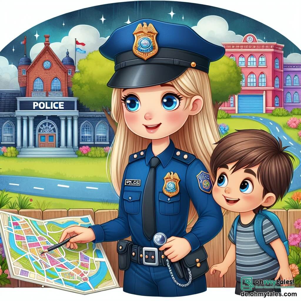 Une illustration destinée aux enfants représentant une courageuse policière aux cheveux longs et aux yeux bleus, accompagnée d'un garçon curieux, explorant un pittoresque commissariat de police avec une grande carte colorée de la ville en arrière-plan.