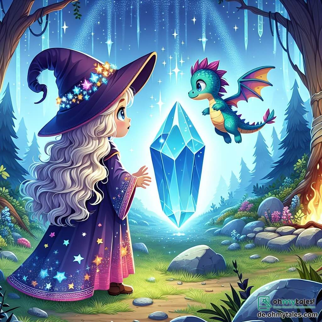 Une illustration sous forme de dessin destinée aux enfants représentant une clairière enchantée au cœur d'une forêt mystérieuse, où une jeune apprentie sorcière aux cheveux longs et ondulés, vêtue d'une robe colorée ornée d'étoiles scintillantes, se tient avec émerveillement devant un éclatant cristal bleu qui flotte dans les airs, tandis qu'un petit dragon aux écailles brillantes et aux yeux malicieux, volant autour d'elle, l'encourage à maîtriser ses nouveaux pouvoirs, le tout baigné dans une lumière douce et magique qui évoque l'aventure et la découverte.