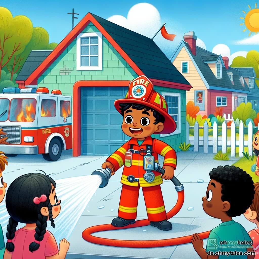 Une illustration sous forme de dessin destinée aux enfants représentant une scène animée à l'extérieur d'une petite station de pompiers colorée, où un jeune homme, avec un uniforme rouge vif et un casque de pompier légèrement incliné sur sa tête, s'apprête à utiliser un grand tuyau pour éteindre un feu dans une maison en arrière-plan, tandis qu'un groupe d'enfants, dont une fille aux cheveux tressés et un garçon en t-shirt rouge, regarde avec des yeux émerveillés et pose des questions sur le travail des pompiers, le tout sous un ciel bleu ensoleillé avec des arbres verdoyants autour.