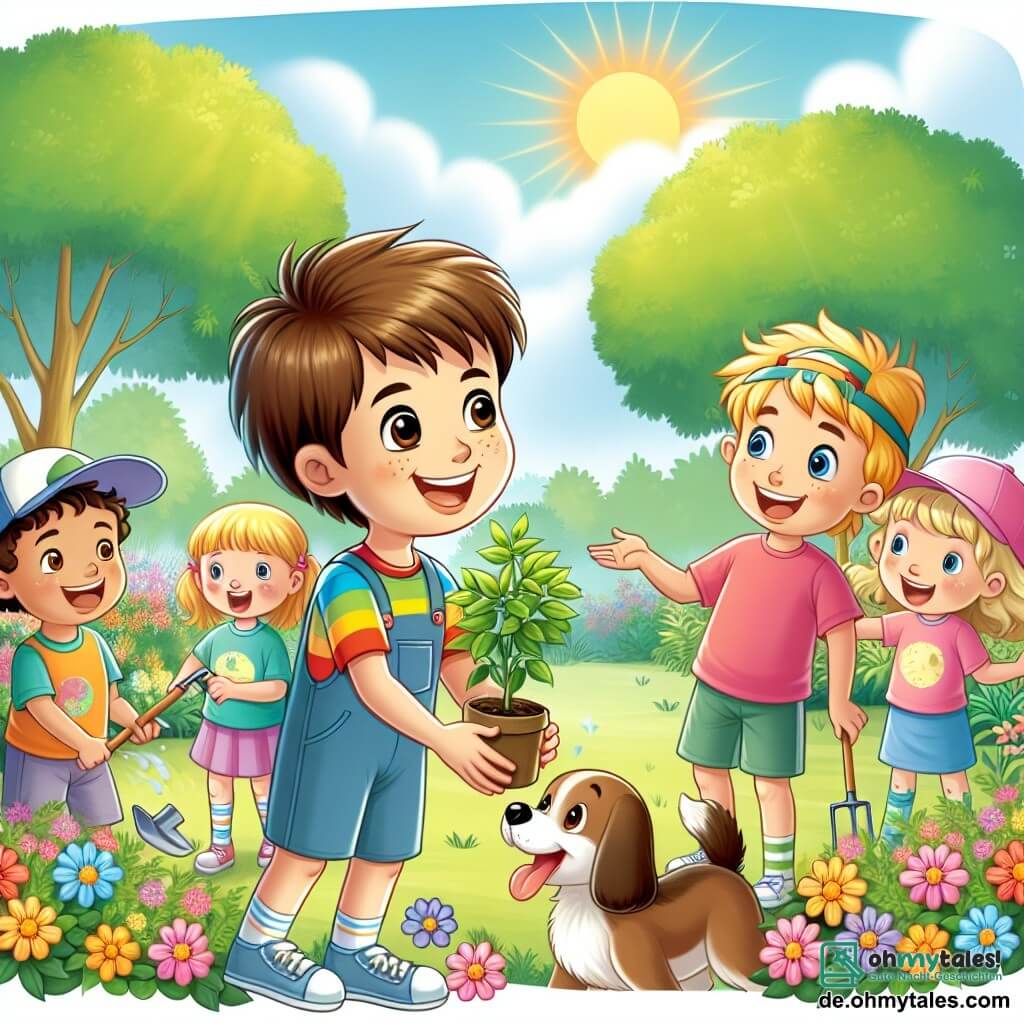 Une illustration sous forme de dessin destinée aux enfants représentant un parc verdoyant ensoleillé, avec un garçon de 11 ans aux cheveux bruns et aux yeux pétillants, portant un t-shirt coloré et un short, qui explique avec enthousiasme à un groupe d'enfants, dont une fille aux cheveux blonds et une casquette, comment planter des arbres pour lutter contre le changement climatique, tandis qu'un petit chien joue joyeusement à leurs pieds, et des fleurs colorées entourent la scène, symbolisant l'espoir et la renaissance de la nature.