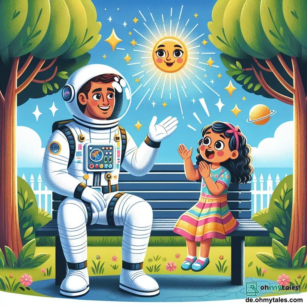Illustration eines sonnigen Parks mit großen Bäumen und grünem Laub sowie einem blauen Himmel, der mit weißen Wolken durchzogen ist. In der Mitte sitzt ein Mann in einem weißen Raumanzug mit einem glänzenden Helm und Handschuhen auf einer Bank. Er hat ein warmes Lächeln und neugierige Augen. Neben ihm applaudiert ein etwa sechsjähriges Mädchen mit großen, staunenden Augen und lockigem Haar begeistert. Sie trägt ein buntes Kleid und scheint von dem Mann im Anzug fasziniert zu sein. Die Hauptsituation zeigt den Mann, der leidenschaftlich von seinem Traum erzählt, ins All zu reisen, während das Mädchen aufmerksam zuhört, mit Sternen und der Sonne im Hintergrund, die ihren Abenteuertraum symbolisieren. Funkelnde Sterne und Zeichnungen von Planeten können um sie herum hinzugefügt werden, um das Thema Raumfahrt zu verdeutlichen.