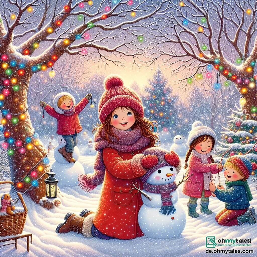 Eine Illustration zeigt einen märchenhaften Garten im Winter, bedeckt mit einer dicken Schicht funkelnden Schnees im sanften Morgenlicht. Bunte Lichter leuchten in den Bäumen und schaffen eine magische Atmosphäre. In der Mitte steht ein 11-jähriges Mädchen mit langen braunen Haaren und rosigen Wangen, das einen leuchtend roten Mantel und eine Wollmütze trägt. Sie lächelt fröhlich, während sie einen kleinen Schneemann aus Schnee und Zweigen dekoriert. Neben ihr helfen zwei Freunde, ein 10-jähriger Junge mit blonden Haaren und einem blauen Pullover, sowie ein 9-jähriges Mädchen mit Zöpfen und einem rosa Mantel, Sterne aus Papier in die Äste der Bäume zu hängen. Die Szene strahlt eine festliche und warme Atmosphäre aus, erfüllt von Lachen und Weihnachtszauber, während sanfte Schneeflocken vom Himmel fallen.