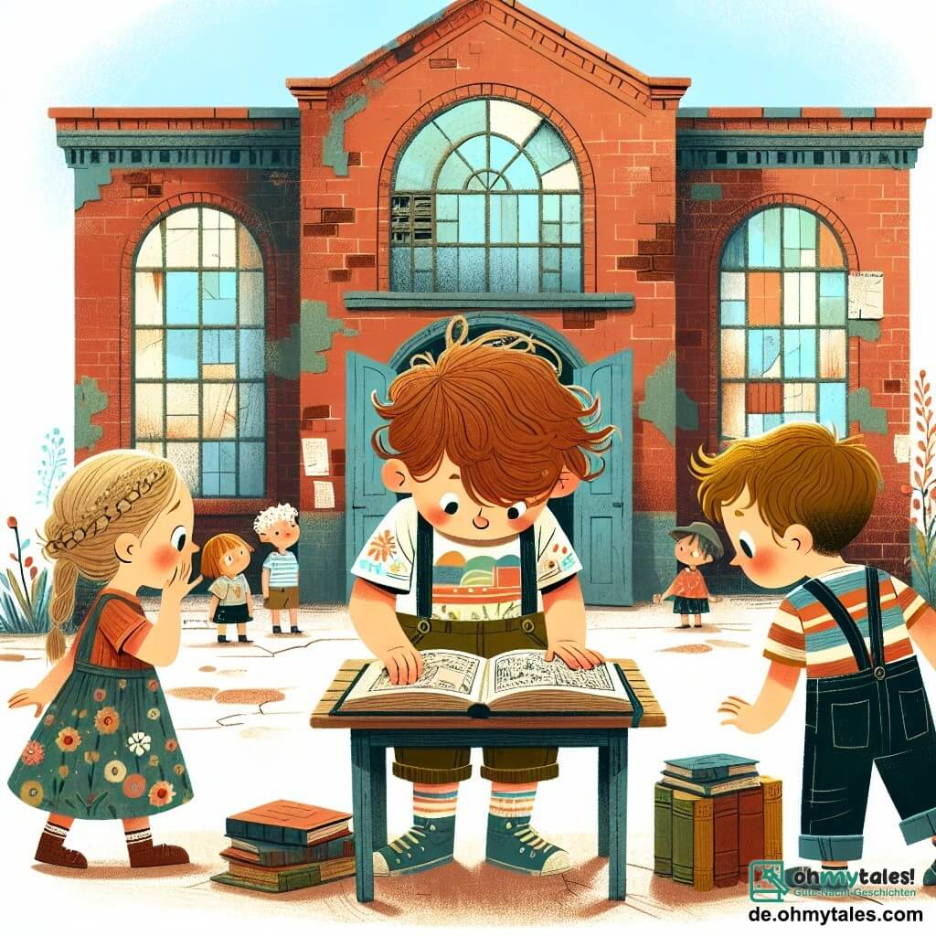 Une illustration sous forme de dessin destinée aux enfants représentant une vieille école abandonnée avec des murs en briques et des fenêtres poussiéreuses, où un garçon de 3 ans aux cheveux bruns en désordre, portant un t-shirt coloré et un short, est accroupi en train d'examiner un vieux livre sur une table en bois, tandis qu'une fille de 4 ans aux cheveux blonds tressés, vêtue d'une robe à fleurs, et un garçon de 5 ans aux cheveux châtains, portant un t-shirt rayé, l'observent avec curiosité, tous trois cherchant à résoudre le mystère d'un trésor caché dans l'école.