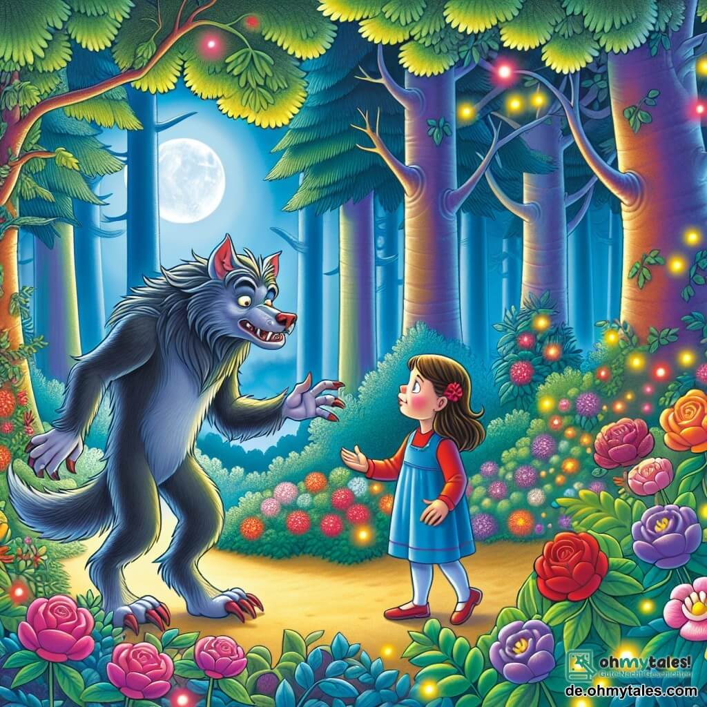 Une illustration destinée aux enfants représentant un loup-garou rigolo rencontrant une fillette curieuse dans une clairière enchantée entourée de grands arbres aux feuilles multicolores et de fleurs lumineuses dans le fantastique monde de Lupinia.