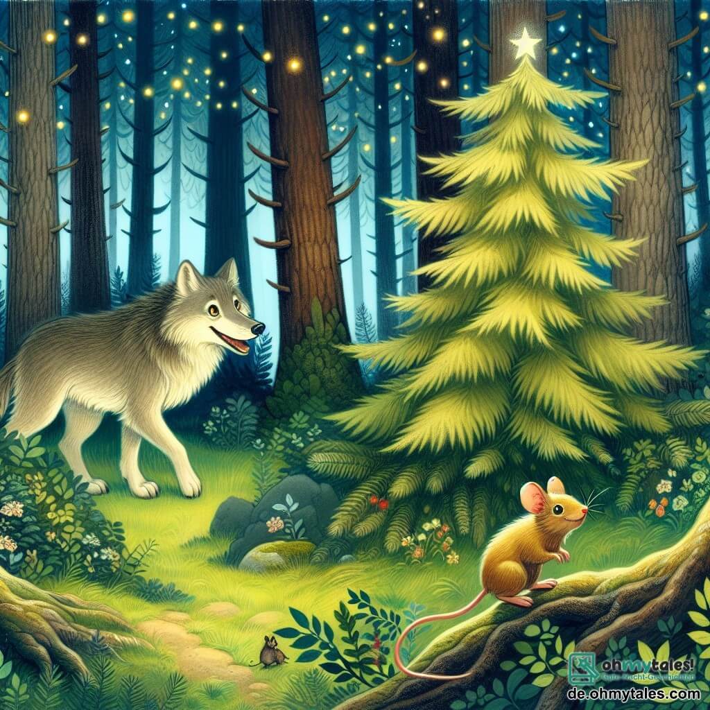 Une illustration destinée aux enfants représentant un jeune loup solitaire, une petite souris malicieuse, et le vaste et mystérieux bois de pins où se déroulent leurs aventures.