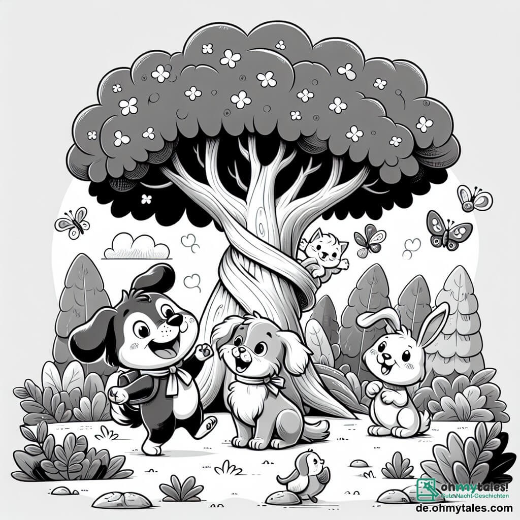 Une illustration destinée aux enfants représentant un petit chien curieux et joyeux, une chatte malicieuse et un lapin espiègle explorant un grand et mystérieux arbre magique au coeur d'une clairière enchantée.