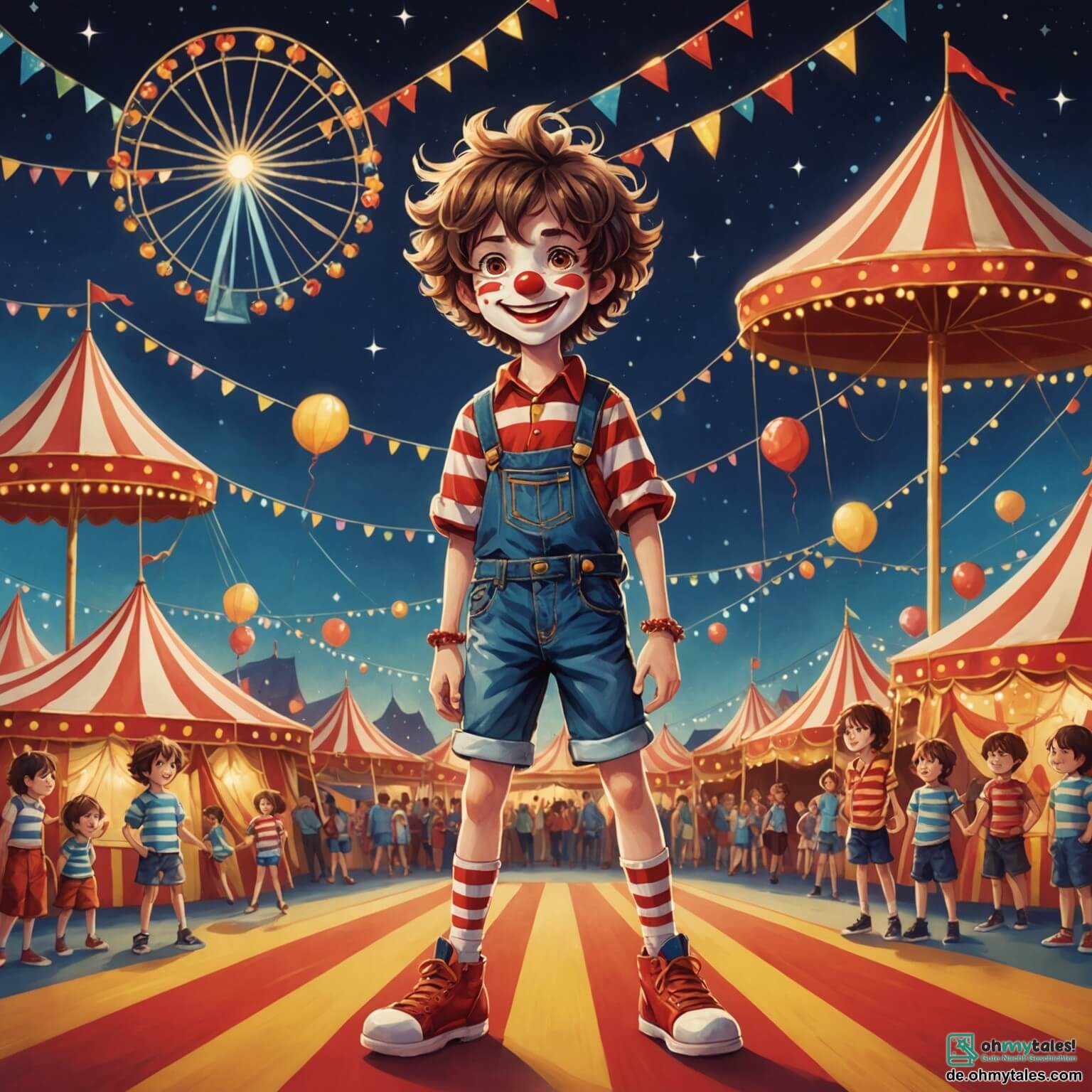 Une illustration destinée aux enfants représentant un garçon aux yeux pétillants de curiosité et aux cheveux ébouriffés, vêtu d'une chemise à rayures colorées et d'un short en denim, se tenant devant un cirque flamboyant aux tentes rayées rouge et or, où des lumières scintillantes dansent dans la nuit étoilée, tandis qu'un clown joyeux avec un nez rouge et des chaussures géantes, ainsi qu'un funambule agile en costume brillant, s'affairent à préparer un spectacle éblouissant, créant une atmosphère magique et pleine de rires, où le garçon rêve de devenir un héros du cirque, entouré de l'odeur du pop-corn et du son des applaudissements qui résonnent dans l'air.