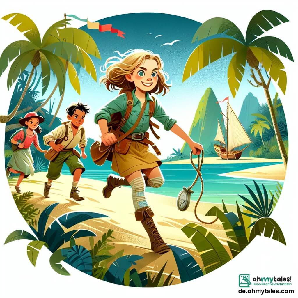 Une illustration destinée aux enfants représentant une jeune fille intrépide partant à l'aventure avec ses amis sur une île tropicale luxuriante, accompagnée d'un garçon courageux et de deux autres enfants, à la recherche d'un mystérieux trésor caché.