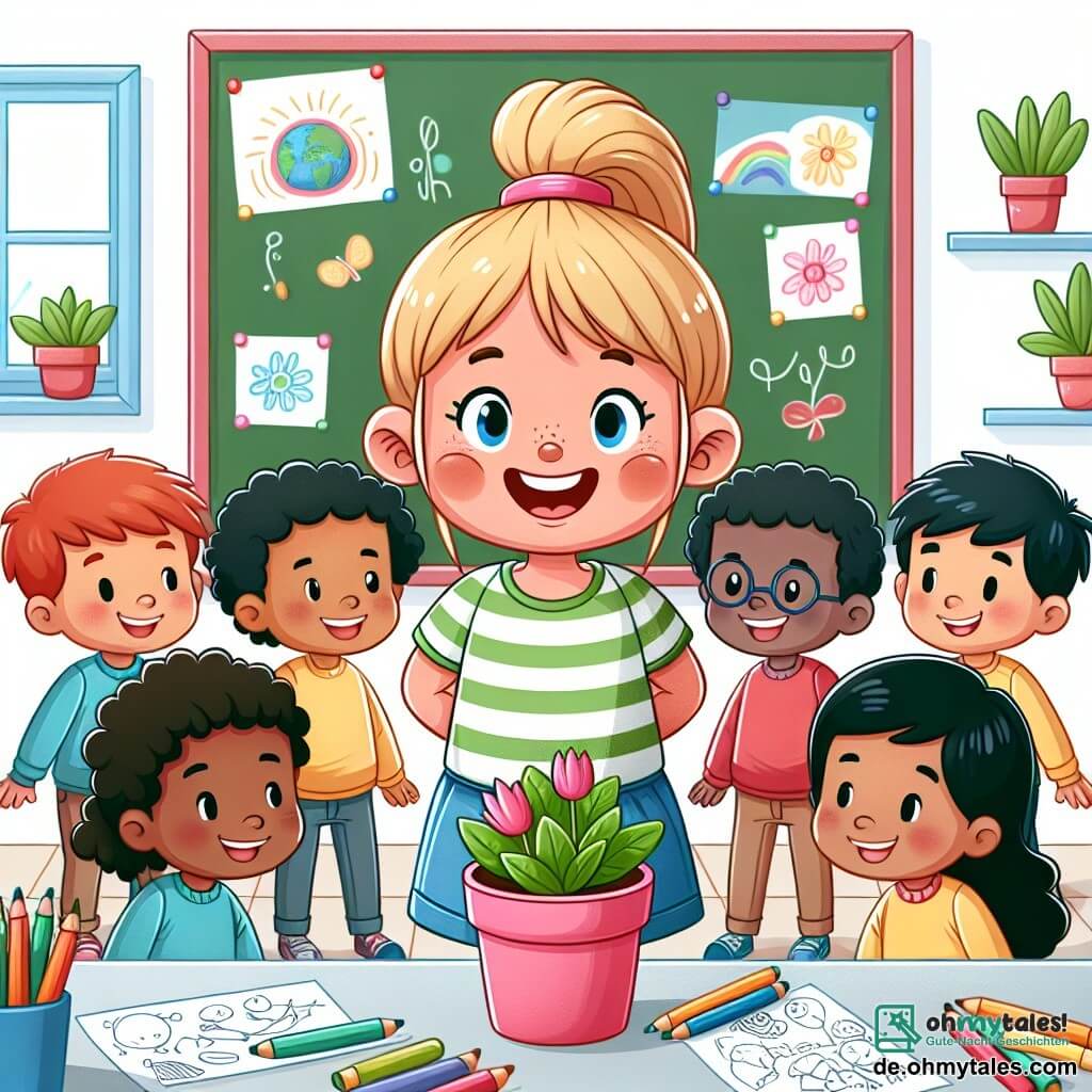 Une illustration destinée aux enfants représentant une jeune fille curieuse et joyeuse, entourée de ses amis de différentes cultures, dans une salle de classe colorée de l'école Regenbogenschule, pleine de dessins et de plantes.