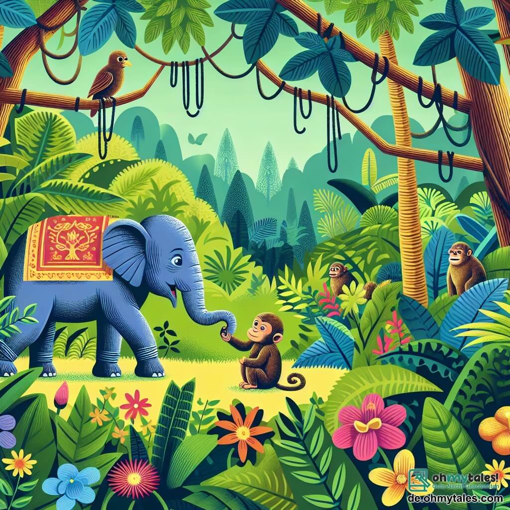 Une illustration destinée aux enfants représentant un jeune éléphant garçon, doté de la capacité de parler, sauvant un petit singe garçon piégé dans une trappe, dans un luxuriant et coloré jungle tropical rempli de végétation luxuriante, de fleurs exotiques et d'animaux curieux.