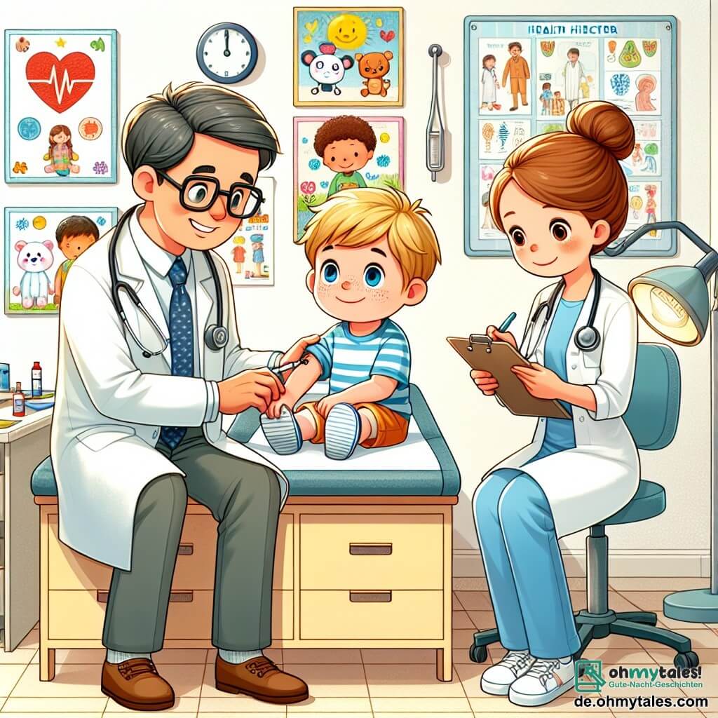 Une illustration sous forme de dessin destinée aux enfants représentant une chaleureuse salle de consultation d'un médecin, avec des murs décorés de dessins d'enfants et des posters colorés sur la santé, où un homme au sourire bienveillant, portant une blouse blanche et des lunettes, examine un jeune garçon aux cheveux blonds et aux yeux bleus, assis sur la table d'examen, tandis qu'une infirmière souriante aux cheveux bruns et attachés en chignon prend des notes, le tout dans une ambiance rassurante et amicale, illustrant un moment de soin et de réconfort.