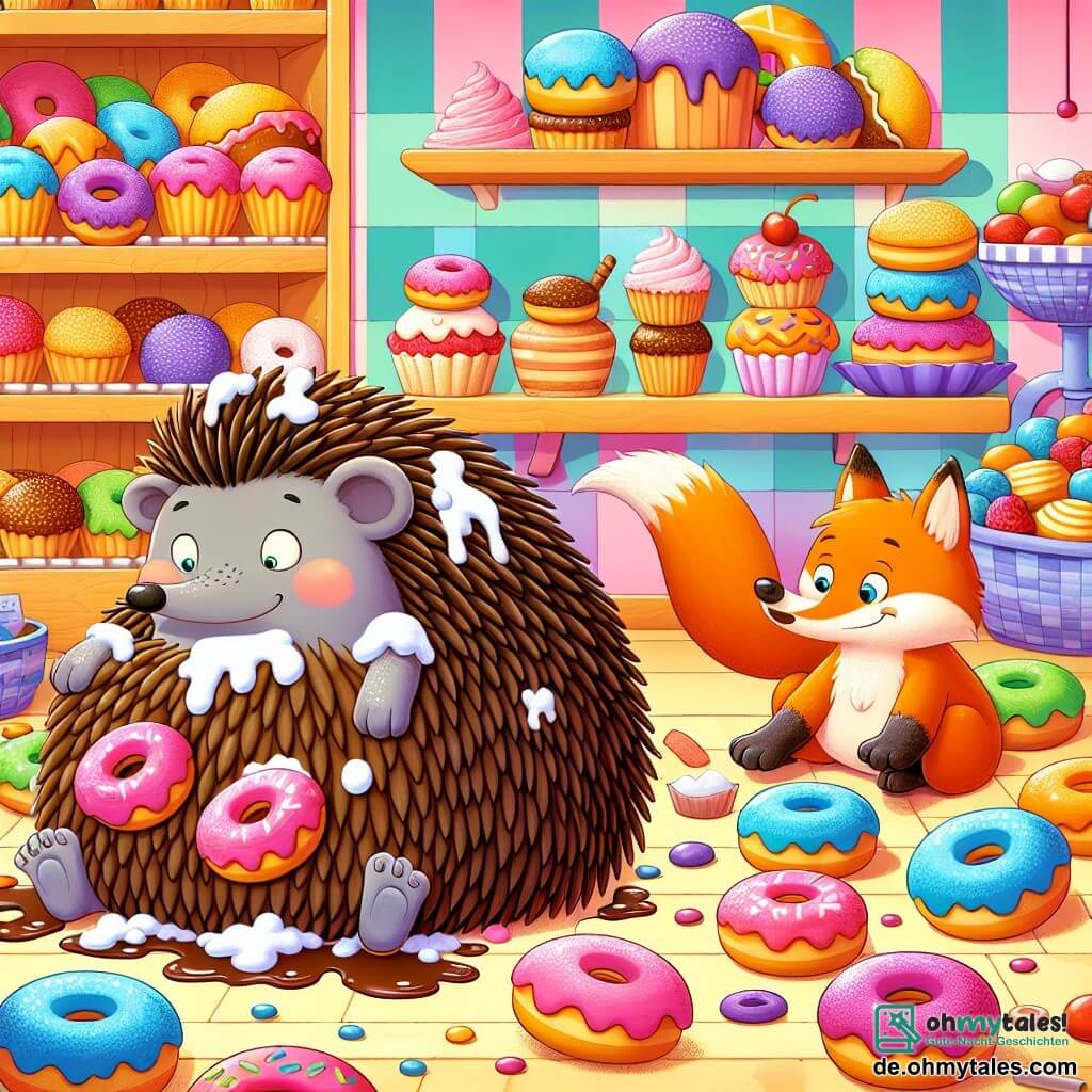 Une illustration destinée aux enfants représentant un hérisson maladroit se retrouvant coincé dans un tas de donuts sucrés, tandis qu'un renard malin tente de l'aider, dans une boulangerie colorée et animée par le parfum alléchant de délicieuses pâtisseries fraîchement cuites.