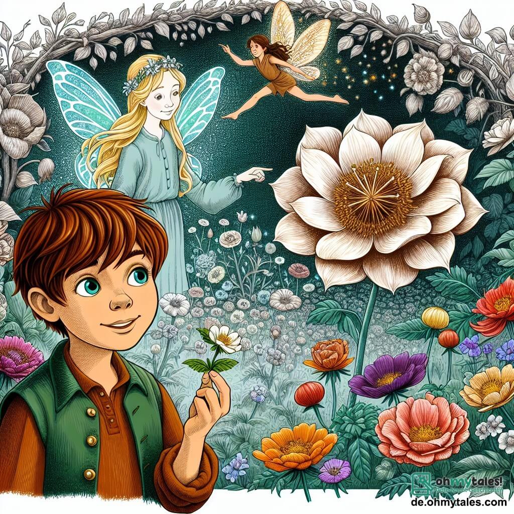 Une illustration sous forme de dessin destinée aux enfants représentant un vaste et mystérieux jardin en pleine floraison, avec des fleurs colorées et une grande fleur majestueuse au centre, où un garçon de 11 ans, aux cheveux châtains et aux yeux pétillants, se tient émerveillé, tenant une petite fleur dans sa main, tandis qu'une gentille fée aux ailes scintillantes et aux cheveux dorés flotte à ses côtés, lui souriant et lui montrant les différentes fleurs qui symbolisent les choix de la vie, capturant ainsi l'instant où le garçon découvre que le sens de la vie réside dans les expériences et les choix qu'il fera.
