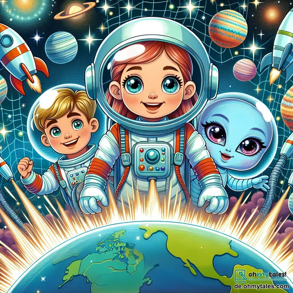 Une illustration destinée aux enfants représentant une astronaute courageuse, une jeune fille, sur le point de décoller vers une planète lointaine, accompagnée d'un sympathique extraterrestre, un garçon aux yeux pétillants, dans un décor futuriste avec des vaisseaux spatiaux colorés et des étoiles scintillantes, sur le magnifique planète Terra Nova.