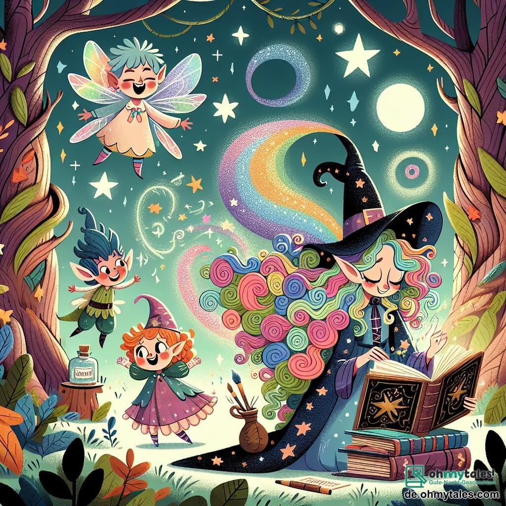 Une illustration sous forme de dessin destinée aux enfants représentant une forêt enchantée, avec des arbres aux troncs tordus et des feuilles scintillantes, où se tient une joyeuse sorcière aux cheveux longs et bouclés, aux couleurs de l'arc-en-ciel, en train de lire un vieux livre de magie, tandis qu'un garçon espiègle, vêtu d'une cape étoilée, flotte dans les airs sous la forme d'un grand ballon coloré, et une petite fille elfe aux ailes brillantes rit en essayant de ne pas s'envoler, le tout dans une ambiance ludique et magique, illustrant leur tentative de réaliser un sort amusant qui a mal tourné.