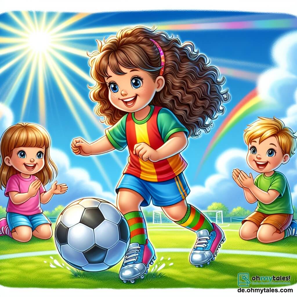 Une illustration sous forme de dessin destinée aux enfants représentant un terrain de football ensoleillé avec un ciel bleu éclatant, où une jeune fille aux cheveux bruns et bouclés, portant un maillot coloré et des chaussures de football brillantes, dribble un ballon avec enthousiasme, tandis que deux enfants, un garçon aux cheveux blonds et une fille aux cheveux châtains, applaudissent et encouragent, tous souriants, capturant l'esprit d'amitié et de jeu collectif dans une ambiance joyeuse et dynamique.
