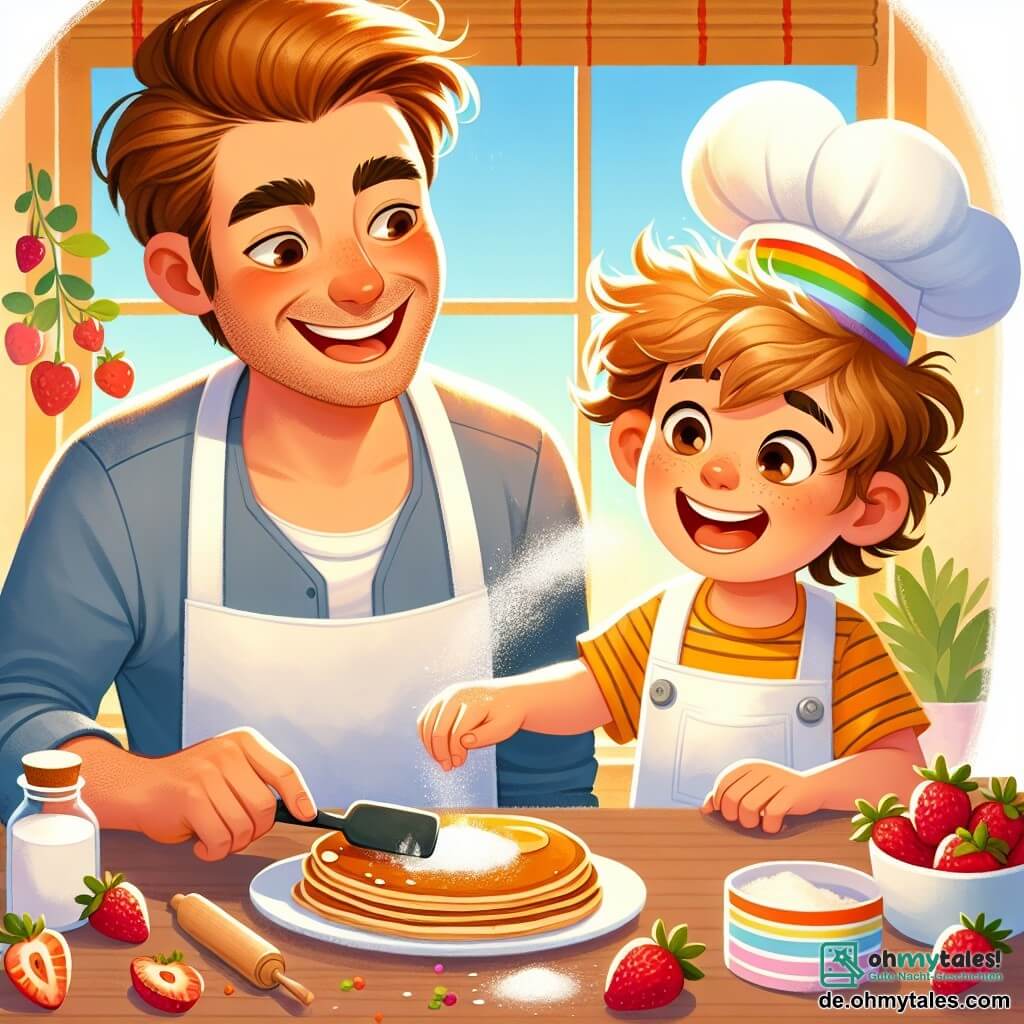 Une illustration sous forme de dessin destinée aux enfants représentant une cuisine ensoleillée et colorée, où un garçon de 5 ans aux cheveux bouclés et bruns, portant un chapeau de chef arc-en-ciel, s'affaire joyeusement à préparer des pancakes en renversant un peu de farine, tandis qu'un homme souriant, son père, aux cheveux châtains et portant un tablier, l'observe avec fierté et amusement, entourés de fraises fraîches et d'une table joliment dressée pour célébrer la fête des pères.