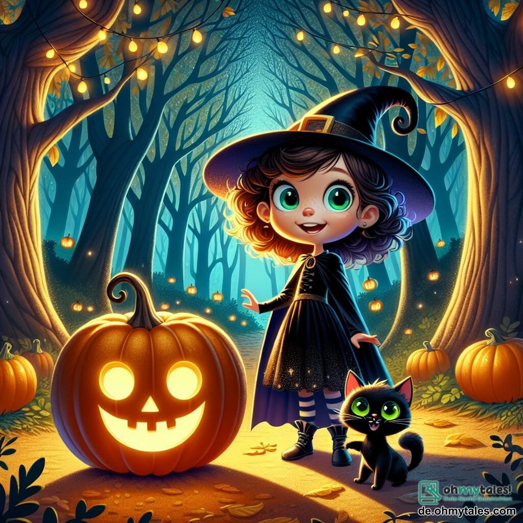 Une illustration sous forme de dessin destinée aux enfants représentant un parc mystérieux à la tombée de la nuit, avec des arbres hauts aux feuilles dorées et des ombres dansantes, où une petite fille de 5 ans, aux cheveux bruns et bouclés, portant un costume de sorcière noir avec un chapeau pointu, se tient courageusement devant un grand et lumineux potiron souriant, tandis qu'un petit chat noir aux yeux verts, nommé Felix, l'encourage avec un sourire malicieux, capturant l'instant où ils se préparent à découvrir le secret du potiron magique qui exauce les vœux.