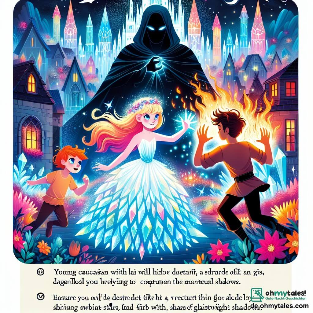 Une illustration sous forme de dessin destinée aux enfants représentant une ville magique avec des maisons en cristal scintillant et des fleurs colorées, où une jeune femme aux cheveux brillants comme des étoiles, vêtue d'une robe lumineuse, se tient courageusement face à un puissant adversaire sombre, un homme enveloppé d'ombres menaçantes, tandis que deux amis, un garçon aux cheveux flamboyants et une fille aux ailes légères, s'apprêtent à l'aider en lançant des éclats de lumière et des rafales de vent pour combattre la menace de la nuit qui pèse sur leur ville.