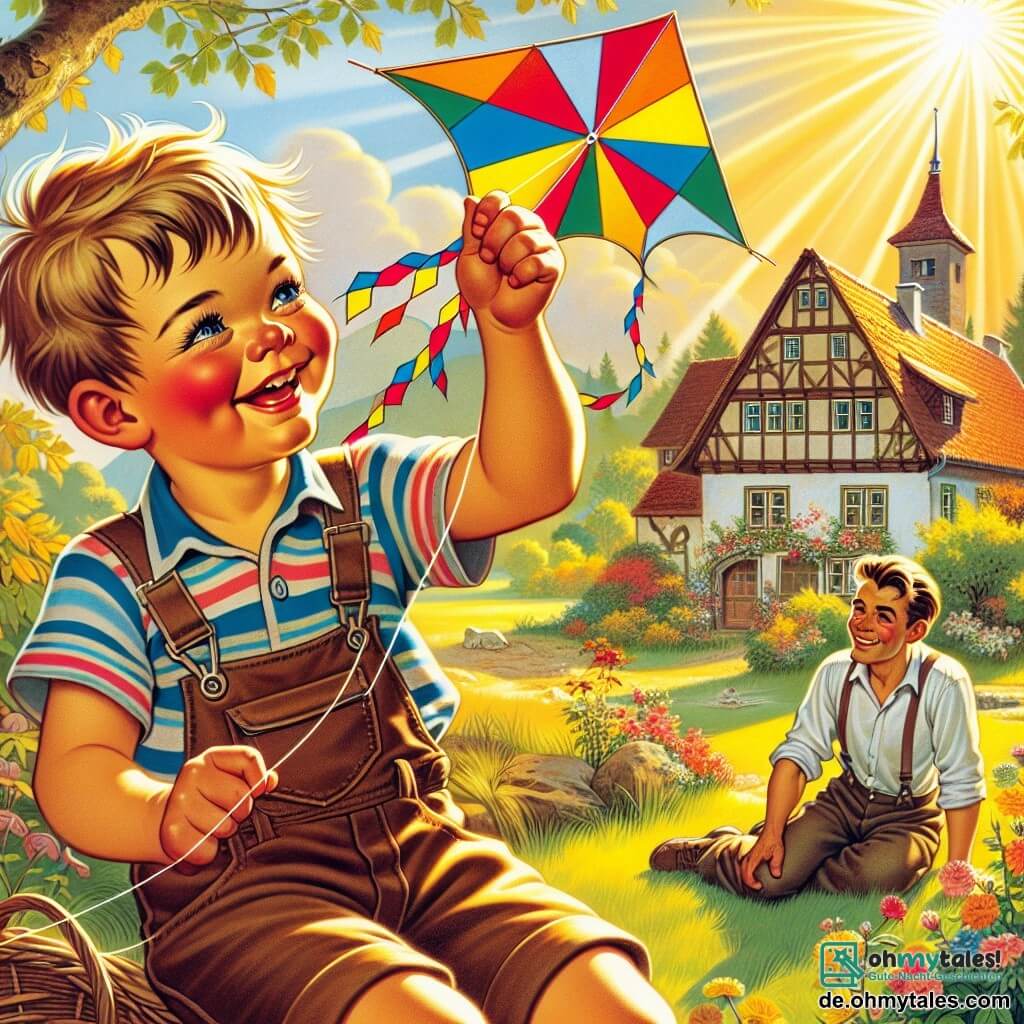 Une illustration destinée aux enfants représentant un petit garçon joyeux jouant avec un drachen coloré dans un jardin ensoleillé, tandis qu'une amie garçon le regarde avec des yeux pleins de questionnements, dans le charmant petit village de Schönwald.