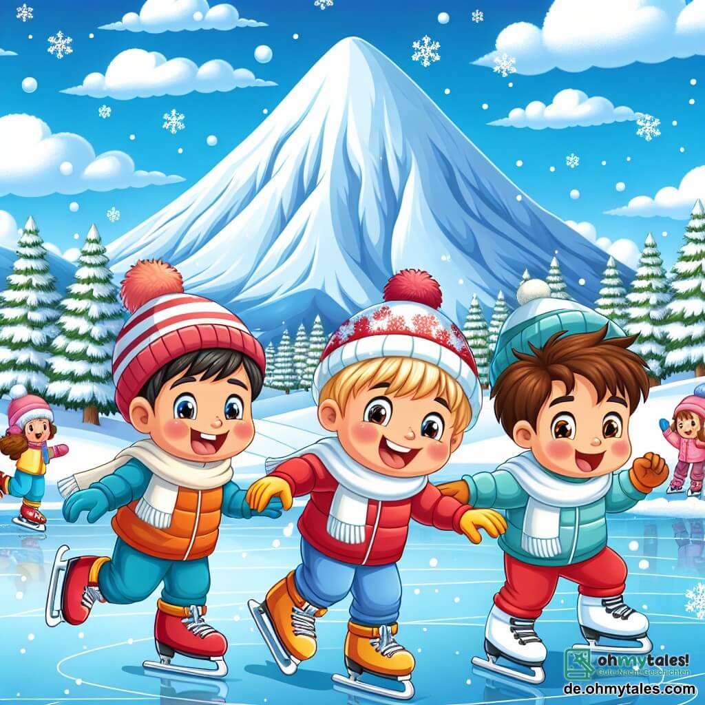 Eine Illustration zeigt eine wunderschöne Winterlandschaft mit einem großen, schneebedeckten Berg im Hintergrund und einem hellblauen Himmel, der mit weißen Wolken gesprenkelt ist. Im Vordergrund funkelt ein gefrorener See unter den Sonnenstrahlen, umgeben von schneebedeckten Tannen. Drei fünfjährige Jungen mit braunen und blonden Haaren tragen bunte Skianzüge: einer in Rot, einer in Blau und der letzte in Grün. Sie gleiten fröhlich über das Eis, ihre Gesichter strahlen vor Glück und Aufregung. Einer von ihnen mit einer roten Mütze lacht, während er versucht, sein Gleichgewicht zu halten, während die beiden anderen, einer mit gelben Handschuhen und der andere mit einem blauen Schal, sich anfeuern und Spaß haben, indem sie Pirouetten drehen. Sanfte Schneeflocken fallen um sie herum und verleihen der Szene einen magischen Touch. Im Hintergrund gleiten andere Kinder und spielen, was eine festliche und fröhliche Atmosphäre schafft. Fußabdrücke im Schnee führen zu einem großen, dekorierten Schneemann, der diesem schönen Wintertag eine verspielte Note verleiht.