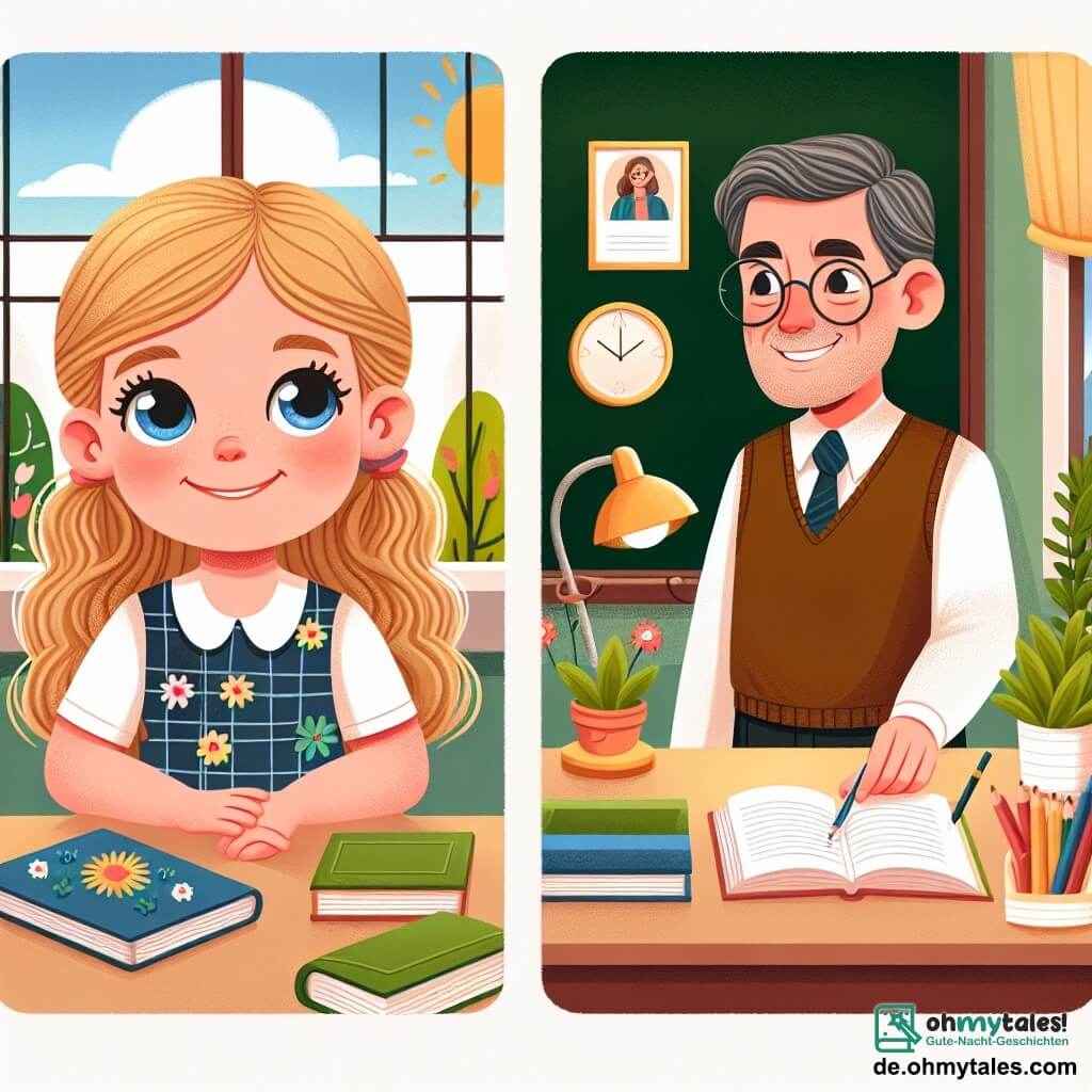 Une illustration destinée aux enfants représentant une fillette curieuse, un nouvel enseignant bienveillant, et une salle de classe lumineuse et colorée remplie de livres et de plantes vertes.