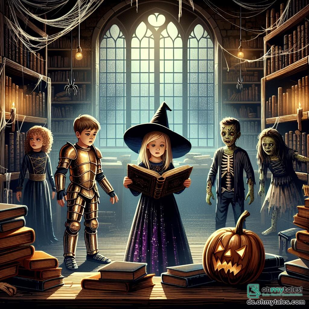 Illustration einer Halloween-Szene in einer alten, dunklen und geheimnisvollen Bibliothek. Die Wände sind mit staubigen Büchern bedeckt, und Spinnweben hängen von den Regalen. Ein gedämpftes Licht dringt durch ein Fenster und schafft eine sowohl magische als auch etwas gruselige Atmosphäre. Im Mittelpunkt des Bildes stehen drei Kinder zusammen. Ein 12-jähriger Junge, der eine glänzende Rüstung aus Pappe trägt, schwingt ein Spielzeugschwert mit einem entschlossenen Blick. Neben ihm liest ein 11-jähriges Mädchen, das als Hexe mit spitzem Hut und schwarzem Kleid verkleidet ist, ein altes Buch mit vergilbten Seiten, ihre Augen funkeln vor Aufregung. Schließlich schaut ein 10-jähriger Junge, der sich als Zombie mit gruseligem Make-up und zerrissener Kleidung verkleidet hat, neugierig und nervös umher. Die Hauptsituation zeigt die Kinder, die ein altes, geheimnisvolles Buch auf einem Tisch entdecken, mit einer interessanten Inschrift, die sie zu lösen scheint. Schatten tanzen an den Wänden, und eine Atmosphäre von Abenteuer und Geheimnis schwebt in der Luft, während ein leichter Wind die Seiten des Buches rascheln lässt. Zusätzliche grafische Elemente umfassen geschnitzte Kürbisse auf dem Tisch, gezeichnete Geister an den Wänden und funkelnde Sterne, die durch das Fenster sichtbar sind, was dieser Halloween-Szene einen Hauch von Magie verleiht.