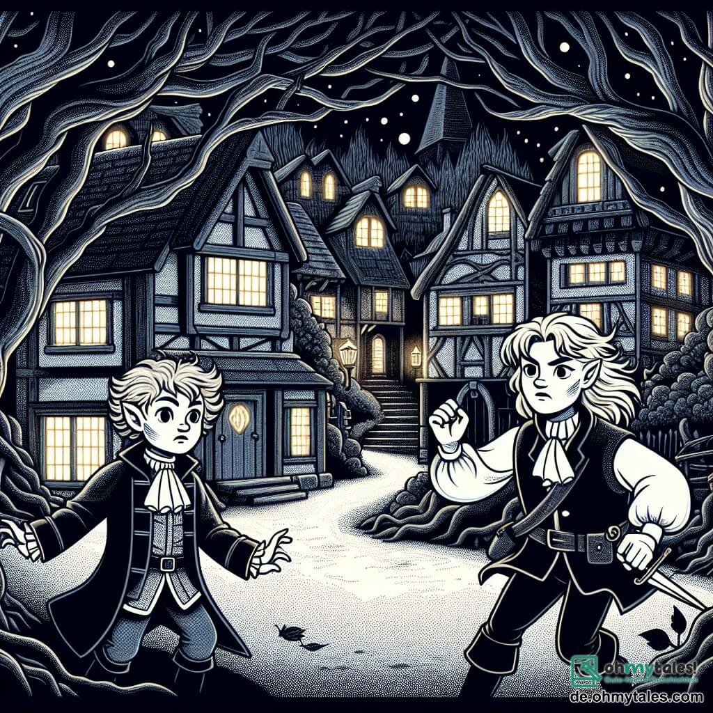 Une illustration destinée aux enfants représentant une jeune vampire courageuse confrontée à un sinistre complot dans une forêt sombre et mystérieuse, accompagnée d'un garçon vampire loyal, dans un village de maisons en bois aux fenêtres éclairées, entouré d'arbres aux branches tordues et de chemins sinueux.