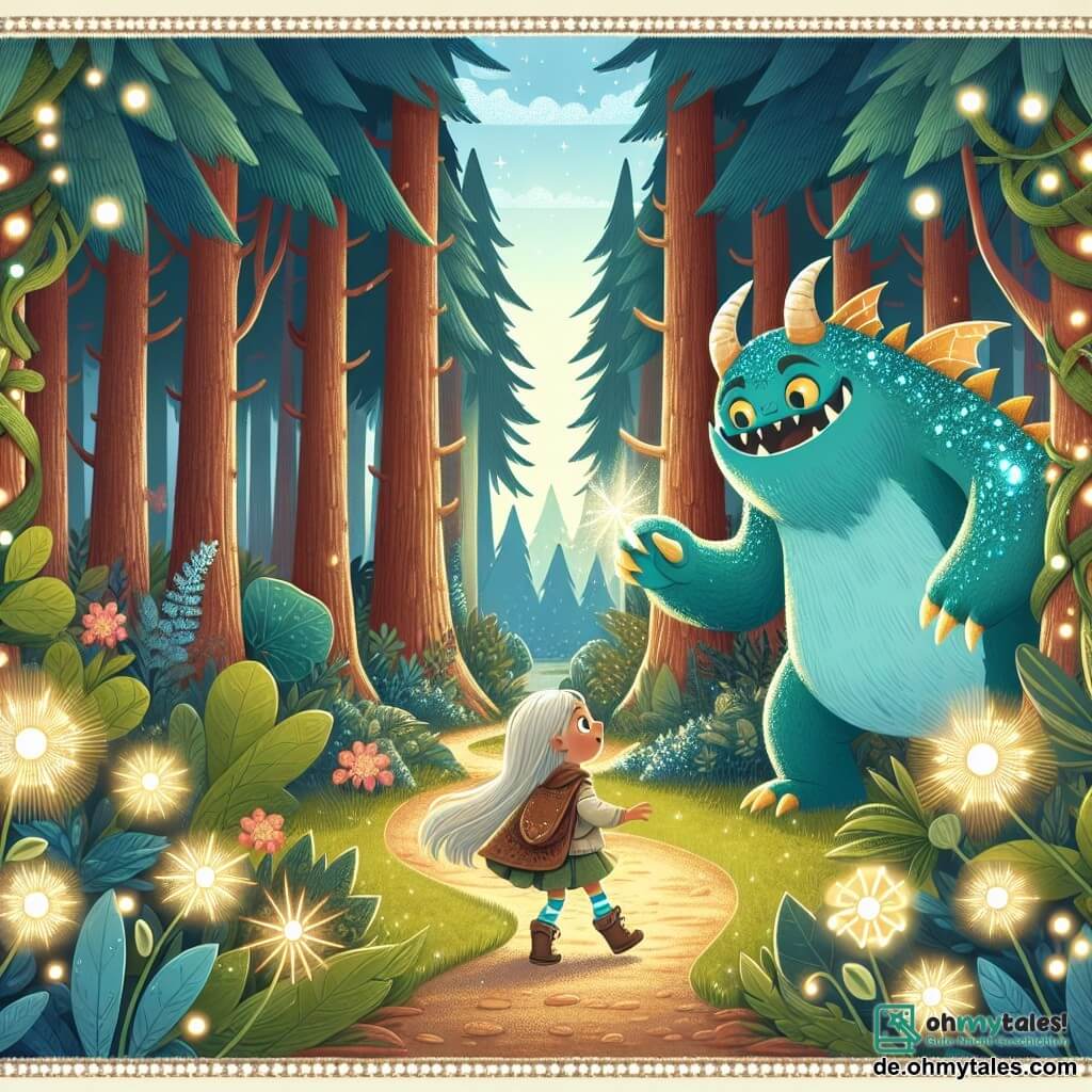 Une illustration destinée aux enfants représentant un monstre amical aux écailles scintillantes rencontrant une jeune fille courageuse dans une forêt enchantée, où des arbres majestueux s'étirent vers le ciel et des fleurs lumineuses éclairent le chemin.